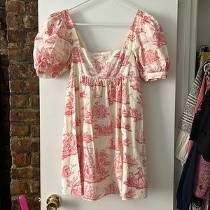 Laura Ashley x Urban Outfitters Mini Dress with Puff Sleeve and Pink Toile Print